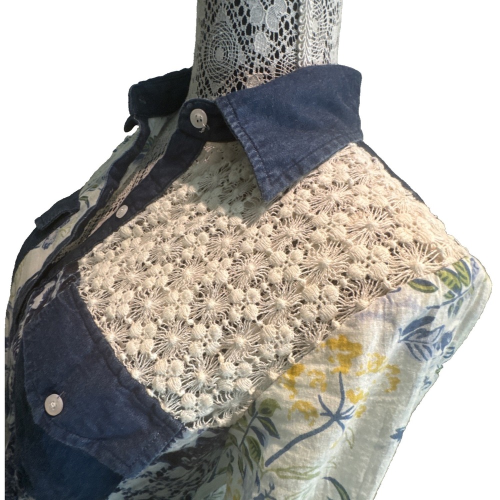 Vintage Gora‎ Button Up Blue Floral Peasant Top Lightweight Coastal Beach S - Picture 11 of 16